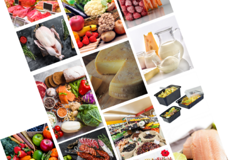 Cette composition est un patchwork de photos de produits alimentaires : viande, poisson, boissons, volaille, fruits, légumes, fromages, pâtisseries et produits diététiques