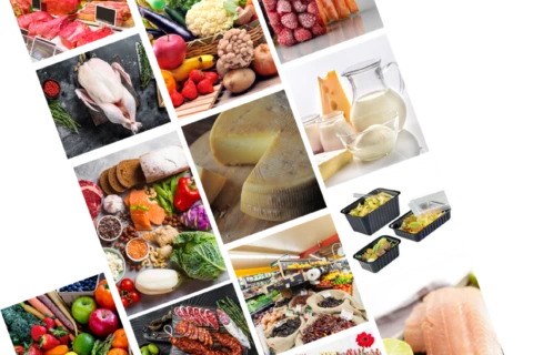 Cette composition est un patchwork de photos de produits alimentaires : viande, poisson, boissons, volaille, fruits, légumes, fromages, pâtisseries et produits diététiques