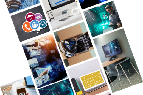 Patchwork de photos sur le thème de l'informatique et des télécoms pour représenter l'offre de CAP Territoires