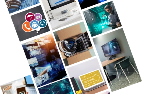 Patchwork de photos sur le thème de l'informatique et des télécoms pour représenter l'offre de CAP Territoires